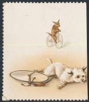 cca 1900 Bicikliző kutyák, litho kép / cca 1900 Dogs on bikes litho image 8x9 cm