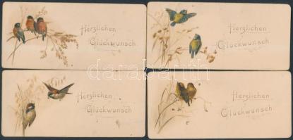 cca 1880 4 db madarakat ábrázoló litho üdvözlő kártyák / Vintage litho greeting cards with birds 4 pieces
