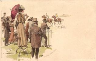 1899 Auf dem Sattelplatz / Lóverseny / Horse race, jockeys, cheering crowd, lady with red umbrella. Meissner & Buch Künstlerpostkarte Serie 1003. litho s: C. Becker