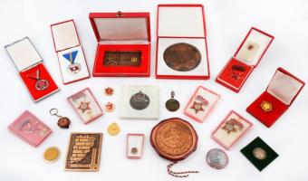 23db vegyes szocialista kitüntetés, emlékérem, díjérem, közte "Kiváló Dolgozó" kitüntetések, "MHSZ 40" fém és kerámia plakett (~110mm), "Településfejlesztésért / Bács-Kiskun Megyei Tanács és a Hazafias Népfront Megyei Bizottsága" Br plakett (95x78mm) T:vegyes