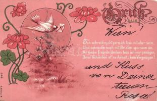 1898 Love greeting card, dove, floral litho (small tear)