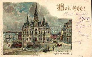 1899 Liberec, Reichenberg; Rathaus / town hall, tram,  E. Richter No. 2203. litho (b)