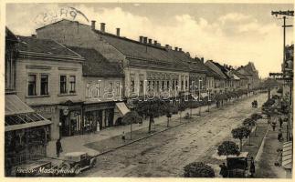 Eperjes, Presov; Masaryk utca, Ferdinand Zipser üzlete / street, shop, automobile (EK)