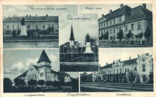 Püspökladány, Városháza a Hősök szobrával, Polgári iskola, Osztálymérnökség, vasútállomás, templom (EK)