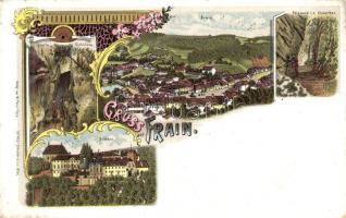 Vranov nad Dyjí, Frain; Schloss, Felswand i.d. Eisleithen, Grotte / castle, cave, forest, floral, Art Nouveau, litho  (Rb)