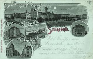 1898 Szeged, Széchenyi-tér, Városháza, színház, vasúti híd a rakparttal, Híd utca, MÁV palota, Art Nouveau, floral, litho (b)