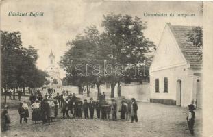 Baj, utcarészlet és templom, csoportkép, kiadja Lindenberg Adolf (ázott / wet damage)
