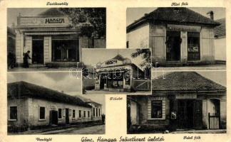 Gönc, Hangya szövetkezet üzletei; Textilosztály, Alsó és Felső fiók, Vendéglő, Főüzlet, kiadja Hangya (fa)