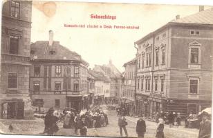 Selmecbánya, Banska Stiavnica; Kossuth-téri részlet a Deák Ferenc utcával, Herczog M. üzlete / square, street, shops (b)