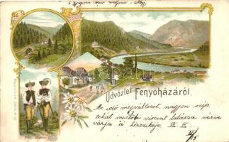 Fenyőháza, Lubochna; Vág folyó, Felső zsilip, Vasúti út, Liptói népviselet / river, upper dam, street, folklore from Liptó, Art Nouveau, floral, litho (kopott sarkak / worn edges)