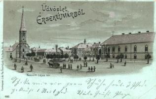 Érsekújvár, Nové Zamky; Kossuth Lajos tér / square, silver decorated, litho (EK)