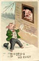 New Year, pigs, humour, litho