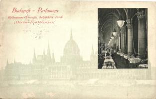 Budapest V. Parlament, Étterem terasz, Osram izzólámpa reklám, belső (EK)