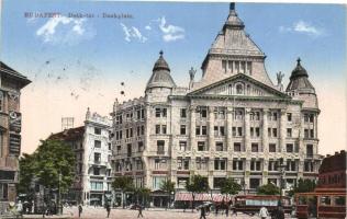 Budapest V. Deák tér, villamosok, gyógyszertár, Smith Premier, Polacsek és Ekker üzlete (EK)