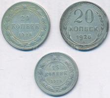 Szocialista Szövetségi Szovjet Köztársaság 1923. 15k Ag + 20k Ag + Szovjetunió 1928. 20k Ag T:2,2- Russian Socialist Federated Soviet Republic 1923. 15 Kopeks Ag + 20 Kopeks Ag + Soviet Union 1928. 20 Kopeks Ag C:XF,VF