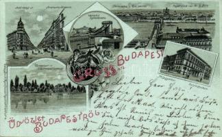 Budapest, Andrássy út, Városligeti tó, Lánchíd, Műegyetem, floral, litho