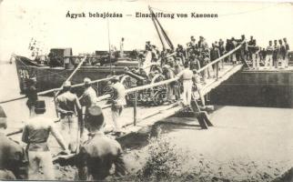 Ágyuk behajózása uszályról / WWI K.u.K. military, cannons from barge