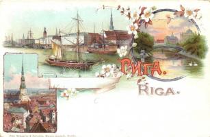 Riga, sailship, bridge, church, Art Nouvaeu, floral, litho