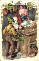 'Prosit Neujahr' / New Year, pig slicing gold, dwarf with a basket of clovers, dog, Art Nouveau, golden decorated, litho (EK)