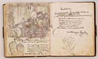 cca 1926-1929 Régi emlékkönyv, sok érdekes bejegyzéssel, néhány rajzzal