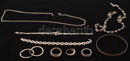 Ezüst(Ag) ékszer tétel, nyakláncok karkötő, fülbevaló, gyűrűk, jelzettek, br: 64,5 g