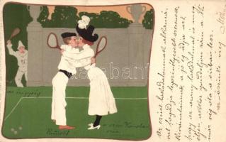 Tennis playing couple, Meissner & Buch Künstler-Postkarten Serie 1039. litho s: B. Wennerberg (b)