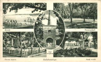 Balatonaliga, Strand, Teniszpályák, Éttermi terasz, part, Református templom (fl)