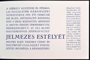 1933 A Háromszéki Székely Egyetemi és Főiskolai Hallgatók jelmezes estélyének dombornyomott címert t...