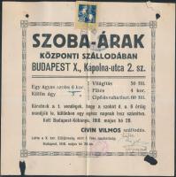 1918 Szoba-árak Központi szállodában, Bp., X., Kápolna-utca 2. sz. nyomtatvány okmánybélyeggel (30fill.),lyukas, 20x20cm