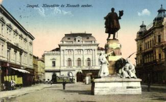 Szeged, Klauzál tér és Kossuth szobor, villamos, Grósz Henrik üzlete, Európa szálloda, Pósz Alajos üzlete