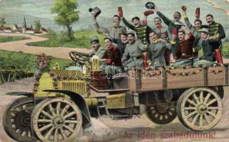 'Az idén szabadulunk', leszerelés, K.u.K. katonák sörrel egy teherautón / discharge, soldiers with beer on a truck, Austrian-Hungarian military humour (EB)