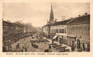 Újvidék, Novi Sad; Kossuth Lajos utca, piac, Klein és Popper üzlete, Szerb Takarékpénztár / street, market, shops, Serbian Savings Bank (Rb)