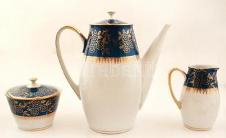 MZ Csehszlovákia türkiz-arany mintás mokkás készlet, teljes, hibás tejkiöntővel, jelzett