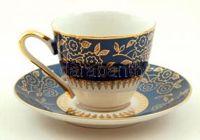 MZ Csehszlovákia türkiz-arany mintás mokkás készlet, teljes, hibás tejkiöntővel, jelzett