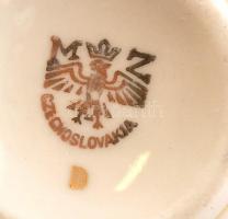 MZ Csehszlovákia türkiz-arany mintás mokkás készlet, teljes, hibás tejkiöntővel, jelzett