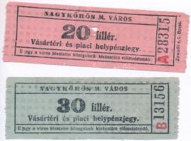 ~1930-1940. 20f + 30f "Nagykőrös M. Város - Vásártéri és piaci helypénzjegy" T:III