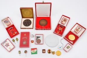 25db vegyes szocialista jelvény, emlékérem, több eredeti tokkal, közte "Kiváló Dolgozó", "Szocialista Brigád" jelvények, "Aranykalász Újkígyós" zománcozott fém jelvény tokban, "BKV Hűségérem" aranyozott fém emlékérem, "Eredményes Propagandista Munkáért KISZ Budapesti Bizottsága" aranyozott fém emlékérem eredeti tokban T:vegyes