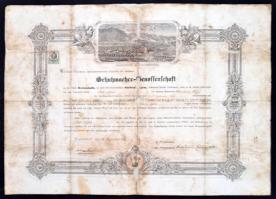 1875 A Brassói cipész céh mesterlevele, rajta a város látképével. Javított  / 1875 Master warrant of the shoemaker guild of Brasov with the image of the city. Damages 65x50 cm