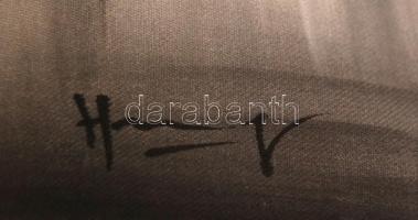 Olvashatatlan jelzéssel: Hajók a lagúna mélyén, távol-keleti életkép, vegyes technika, vászon, 22×30...