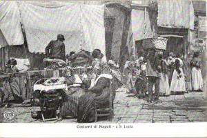 Naples, Napoli; S. Lucia market, merhcants, folklore