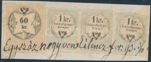 cca 1860 okmánybélyeg és hirdetménybélyeg összefüggés kivágáson / document and adverising stamp set