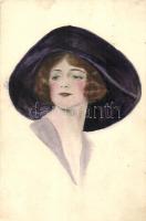 Italian art postcard, Lady in purple hat