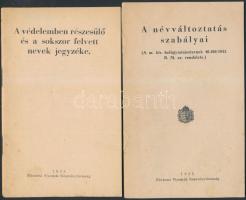 1933 A védelemben részesülő és sokszor felvett nevek jegyzéke. 40p. + 1933 A Névváltozás szabályai 8p.