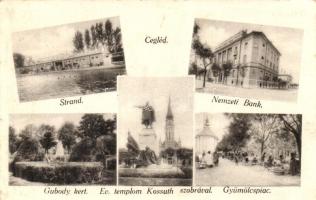 Cegléd, gyümölcspiac, Nemzeti bank, Gubody kert, Kossuth szobor (EK)