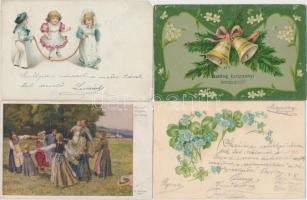 86 db RÉGI motívumlap, vegyes minőség, fotókkal és lithokkal; hölgyek, romantikus párok, üdvözlő / 8...