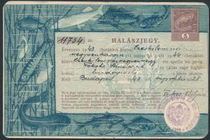 1943 Bp., Budapesti lakos számára kiállított halászjegy, 5 pengős okmánybélyeggel, hajtott / fishing ticket