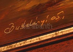 Bubelényi László (1953-): Naplemente az öbölben. Olaj, farost, jelzett, fa keretben, 29x80 cm