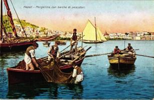 Naples, Napoli; Mergellina con barche di pescatori / fishing boats, fishermen
