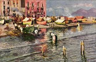 Naples, Napoli; Spiaggia della Marinella / beach, art postcard, artist signed