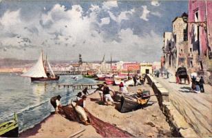 Naples, Napoli; Via della Marinella / street, art postcard, artist signed